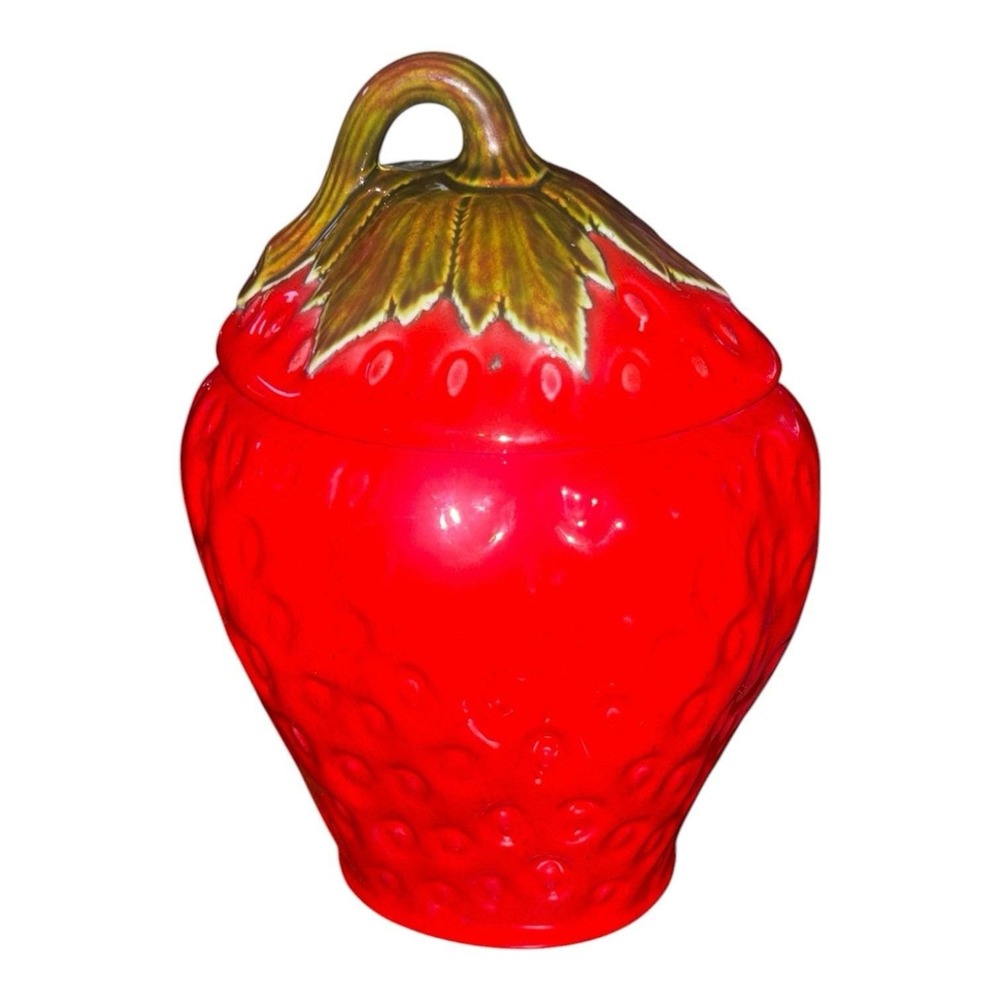 Strawberry Cookie Jar Canister 1975 Vintage Ceramic 12" Cottage core